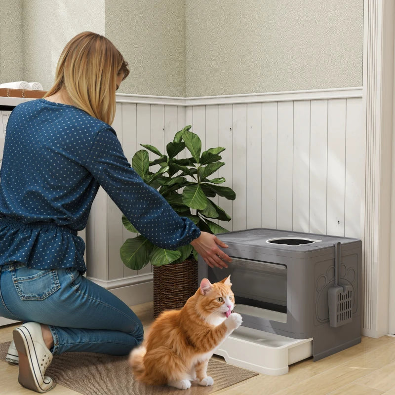 Cat Litter Box, Front Enter & Top Exit Cat Litter Tray with Scoop, Pull-out Tray, Easy to Clean, Grey