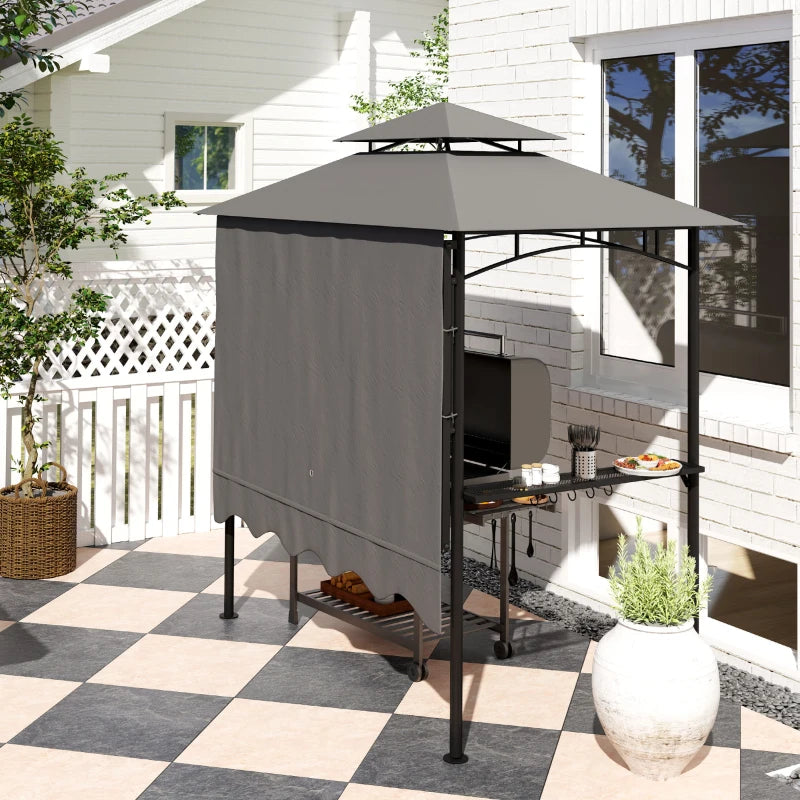 8' x 7.6' Grill Gazebo, Double Tiered Barbecue Grill Gazebo Shelter w/ Side Awning, 2 Side Shelves, 6 Hooks, Dark Grey