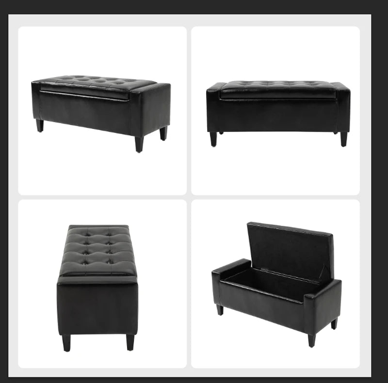Storage Ottoman Bench, PU Leather Upholstered Bench with Tufted Design, Black