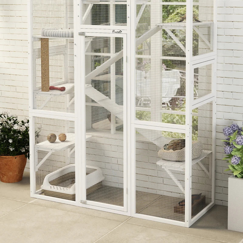 Wooden Catio Outdoor Cat Enclosure with 6 Jumping Platforms, Scratching Post, 2 Ramps, Waterproof Roof, White