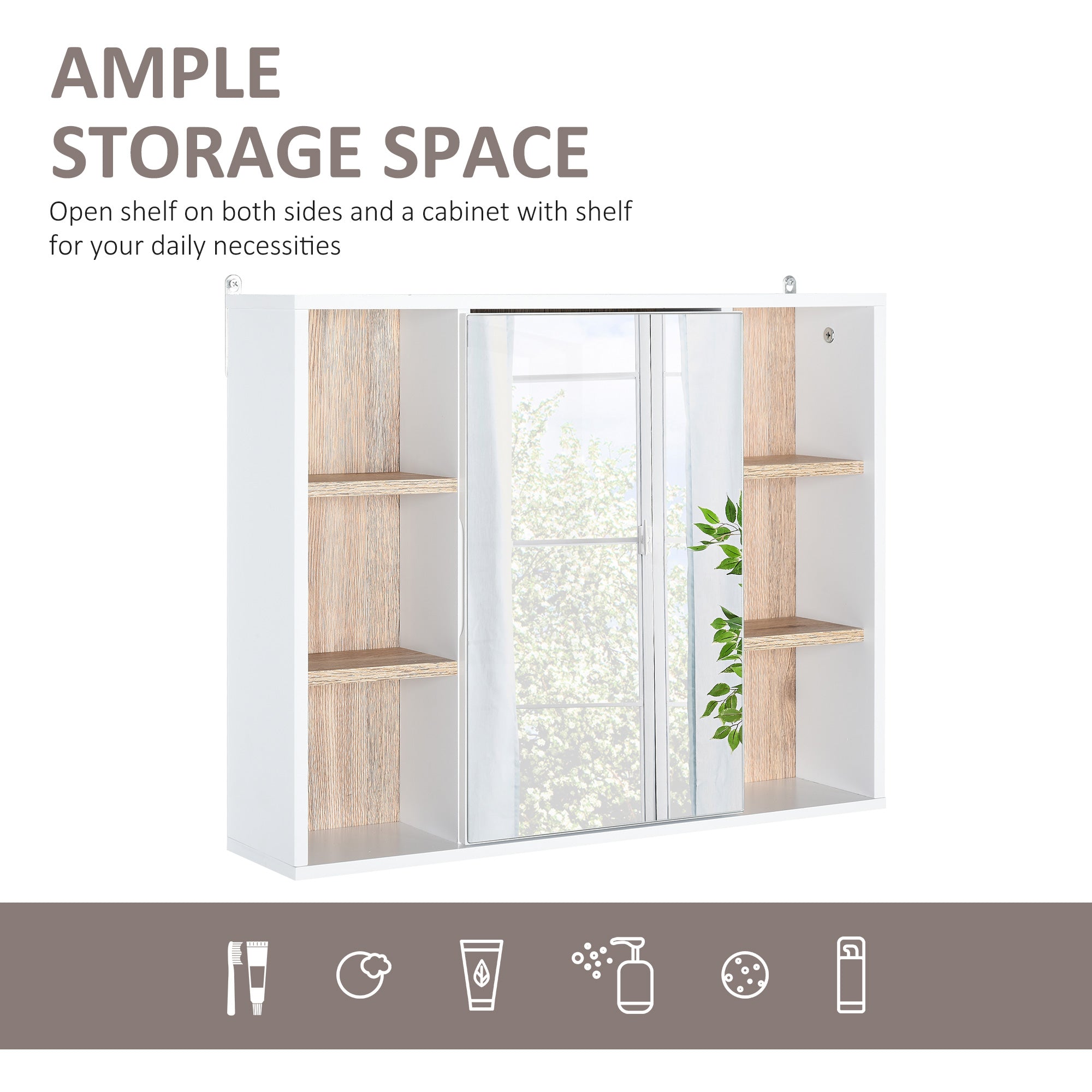 HOMCOM White Oak Over Toilet Cabinet: Wall Mounted Bathroom Storage with Mirrored Door for Organized Essentials
