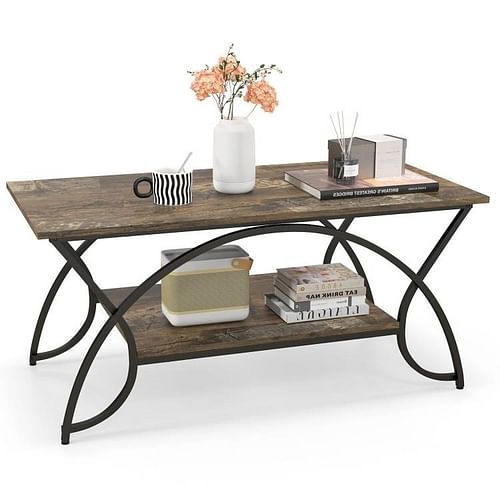 Rustic Farmhouse 2 Tier Brown Wood Coffee Table with Curved Metal Legs - Free Shipping