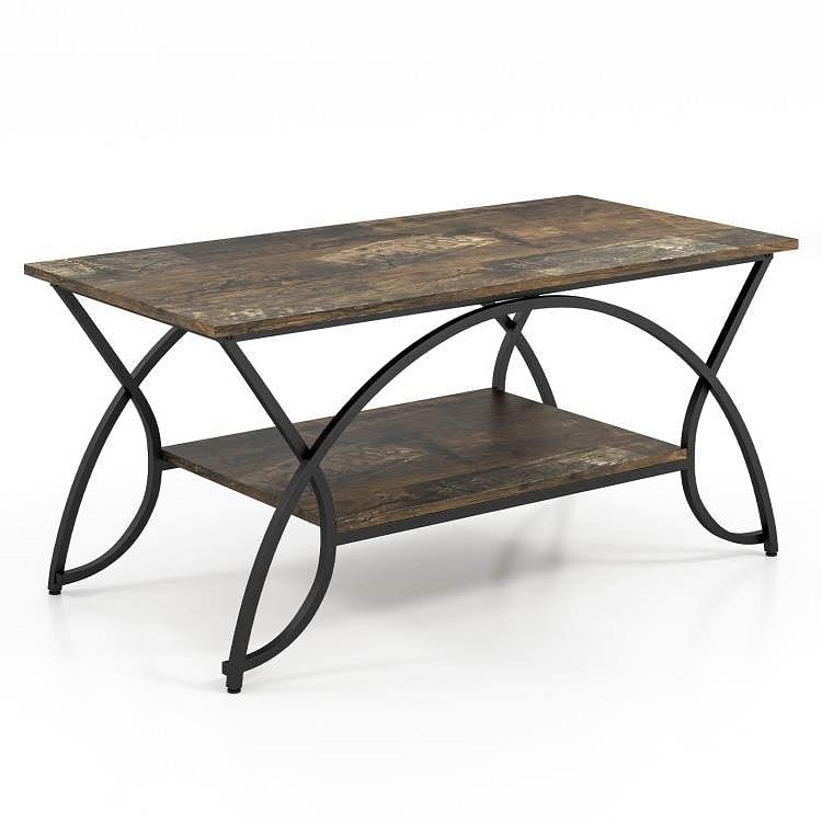 Rustic Farmhouse 2 Tier Brown Wood Coffee Table with Curved Metal Legs - Free Shipping