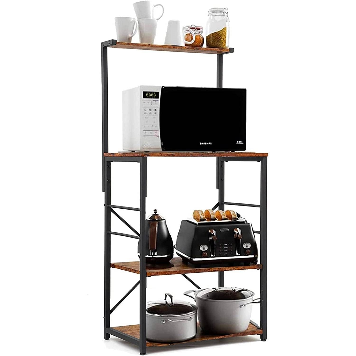 Black Metal 4-Shelf Rustic Brown Wood Kitchen Baker's Rack Microwave Stand - Free Shipping