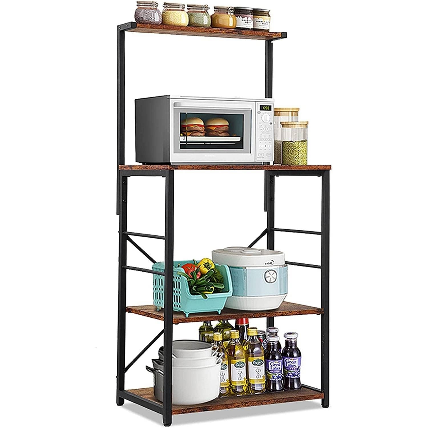Black Metal 4-Shelf Rustic Brown Wood Kitchen Baker's Rack Microwave Stand - Free Shipping