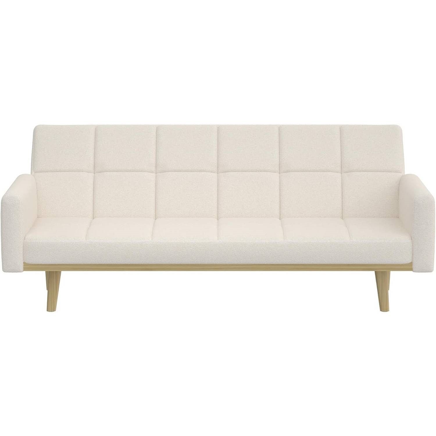 Modern Mid-Century Futon Sleeper Sofa Bed in Sherpa Ivory Fabric Upholstery - Free Shipping