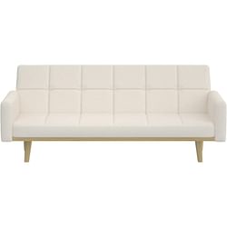 Modern Mid-Century Futon Sleeper Sofa Bed in Sherpa Ivory Fabric Upholstery - Free Shipping