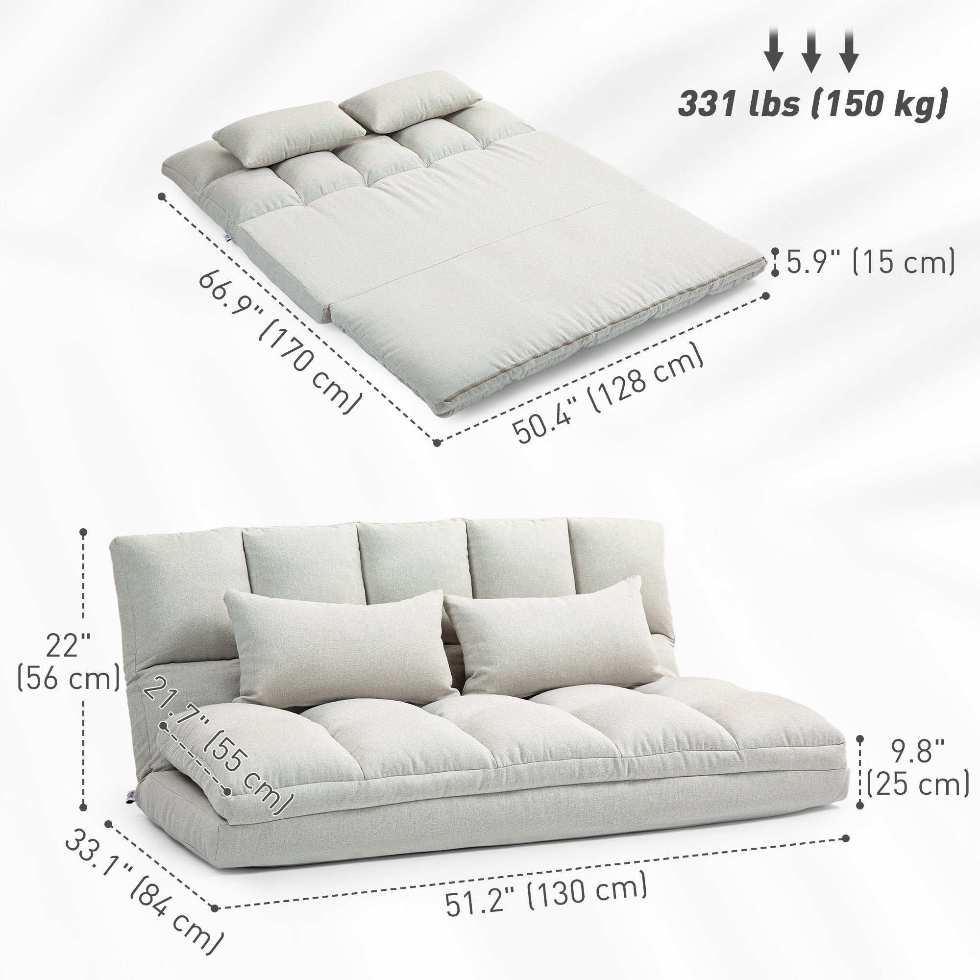 HOMCOM Convertible Floor Sofa, Foldable 2-Seater Lazy Sofa Sleeper with 9-position Backrest and 2 Pillows Cream White