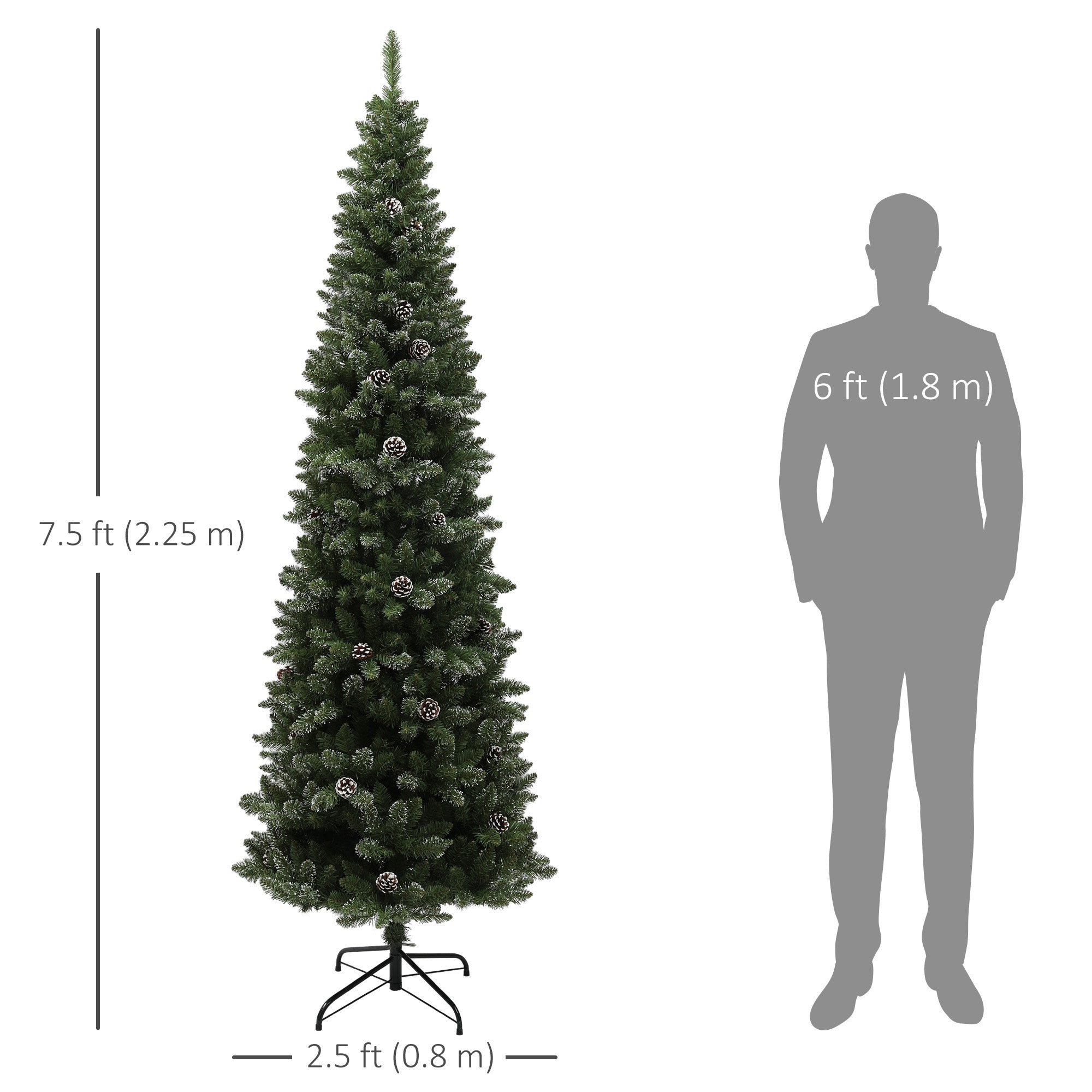 HOMCOM 7ft Artificial Pencil Christmas Tree with 980 Branches, Pinecones, Metal Stand, Realistic Xmas Tree for Home