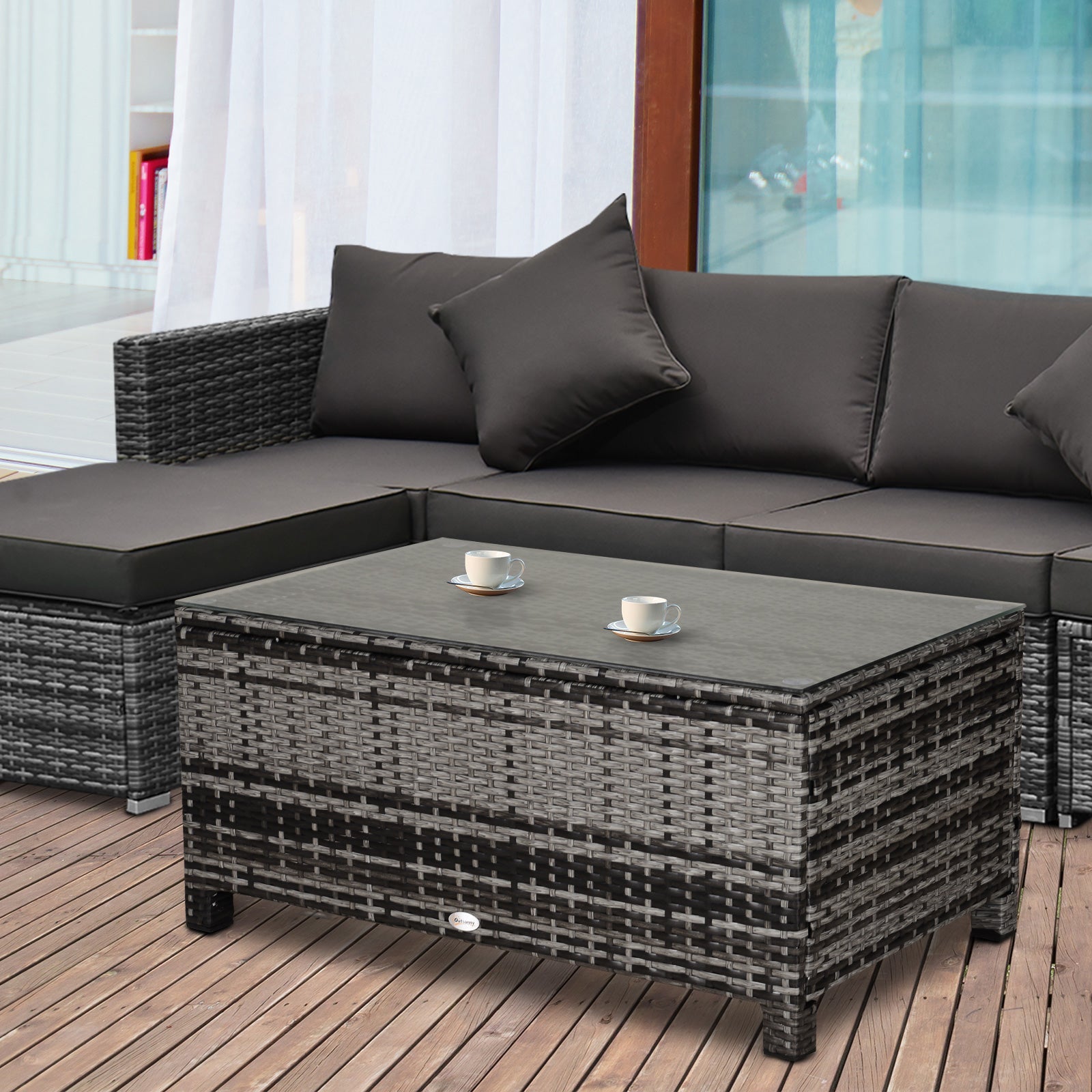 Outsunny Patio Side Table Outdoor Garden PE Rattan Wicker with Glass Top Balcony Furniture Mixed Grey