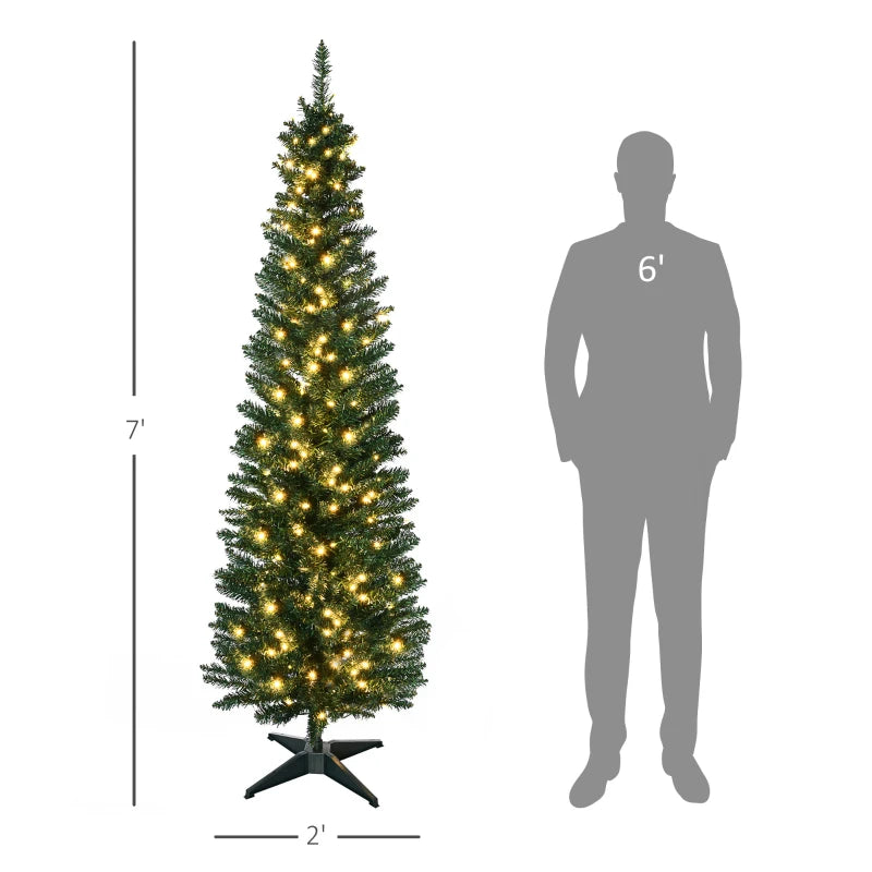 HOMCOM 7' Tall Pre-Lit Slim Noble Fir Artificial Pencil Christmas Tree with 200 Warm White LED Lights and 499 Tips, Green
