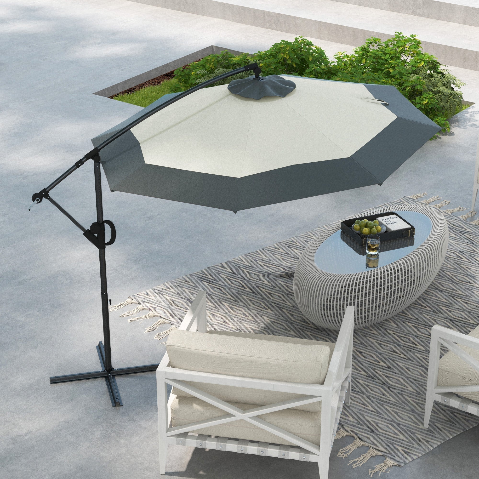 Outsunny 10 FT Cantilever Umbrella, Round Hanging Offset Umbrella with Crank, Tilt and Cross Base for Garden, Backyard, Grey