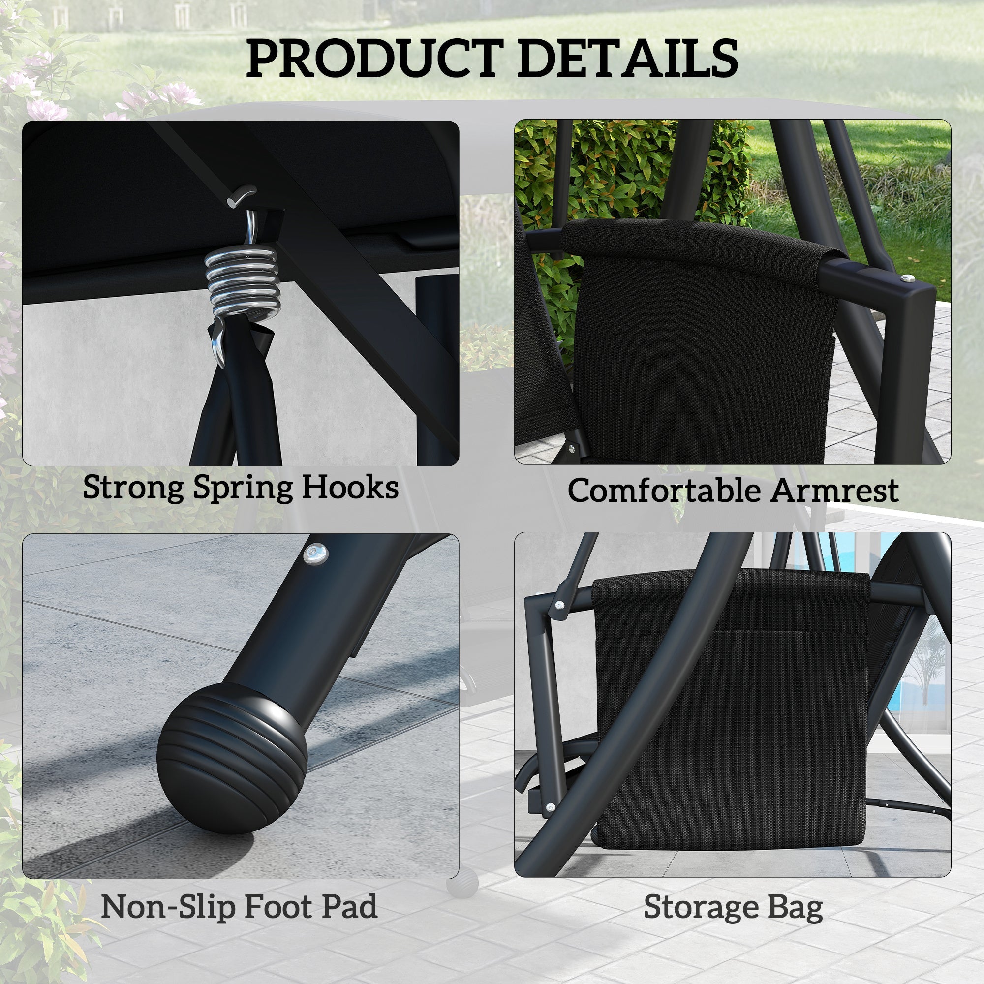 Outsunny 3 Person Outdoor Porch Swing Chair with Adjustable Canopy, Black