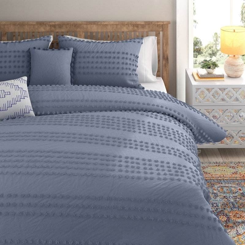 King size 5-Piece 100-Percent Cotton Clip Dot Boho Comforter Set in Denim Blue - Free Shipping