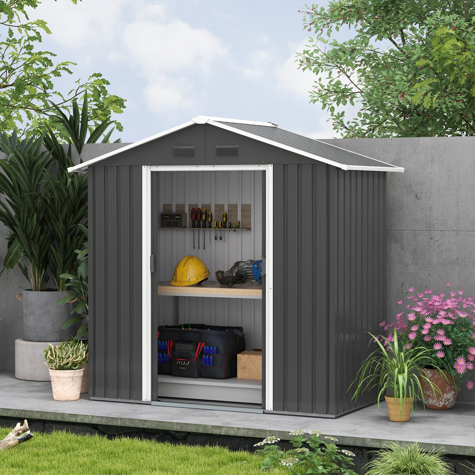 Outsunny Compact 6.5x3.5ft Metal Garden Shed Outdoor Tool Storage, Double Sliding Doors, Ventilation, in Dark Grey