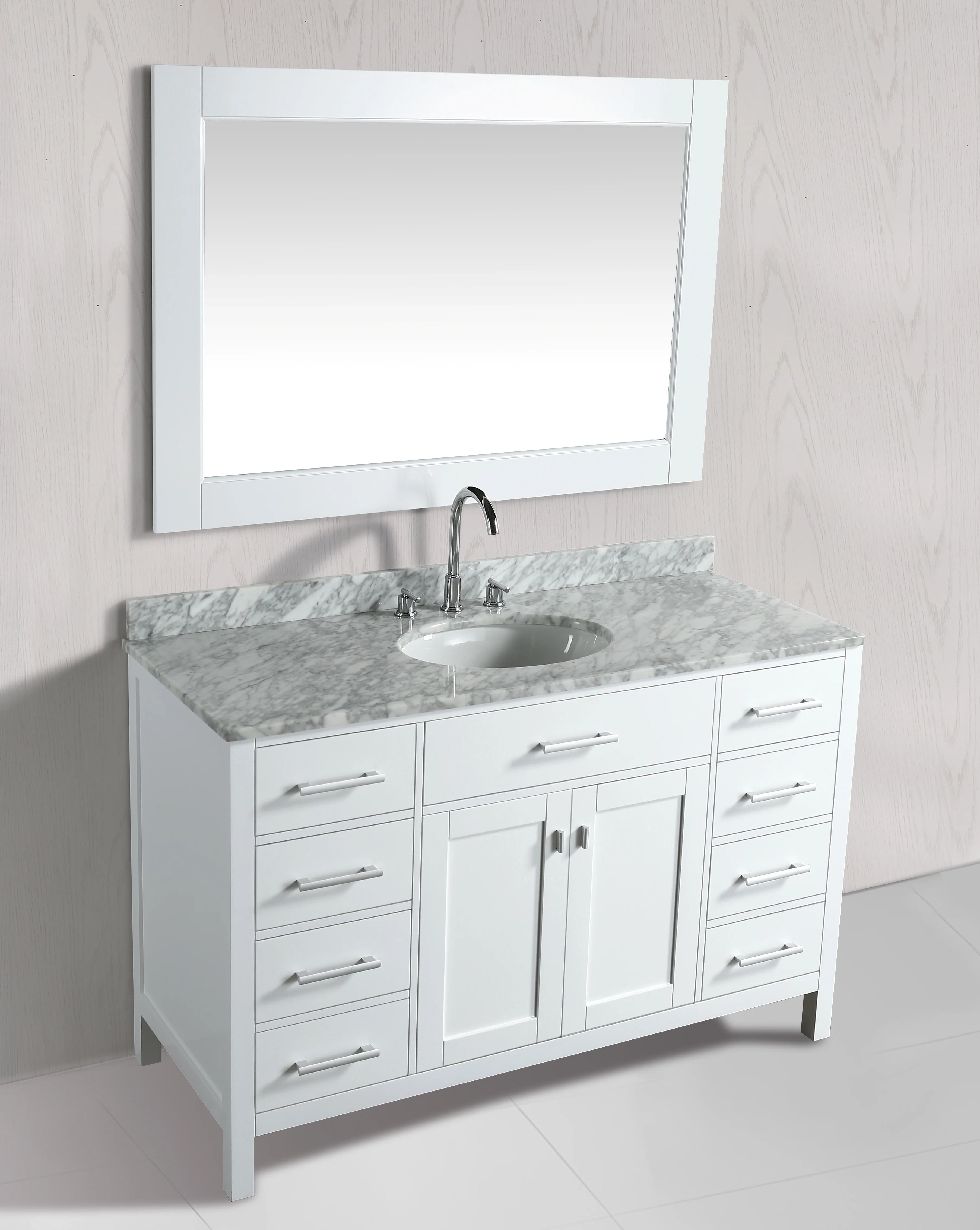 London 54" Single Sink Vanity in White with Marble Vanity Top with Matching Mirror