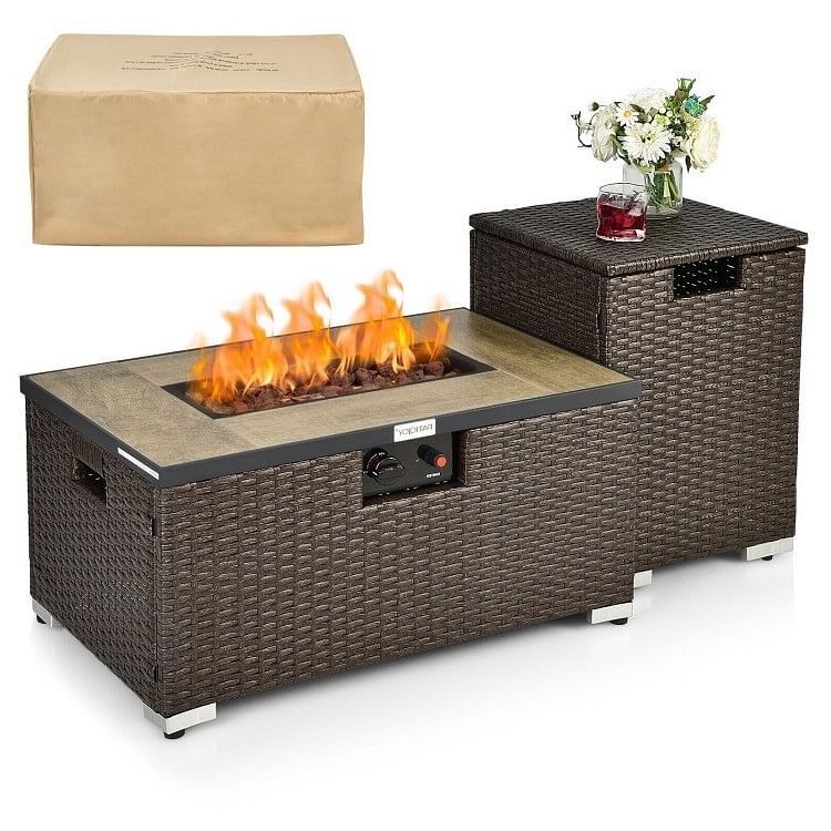 Outdoor Propane Fire Pit with Side Table Tank Holder in Brown PE Rattan - Free Shipping