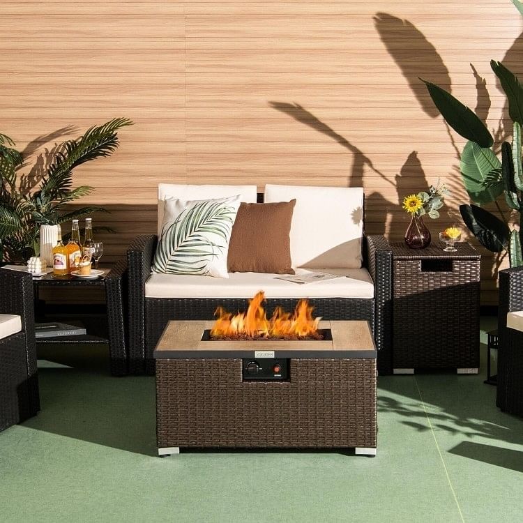 Outdoor Propane Fire Pit with Side Table Tank Holder in Brown PE Rattan - Free Shipping