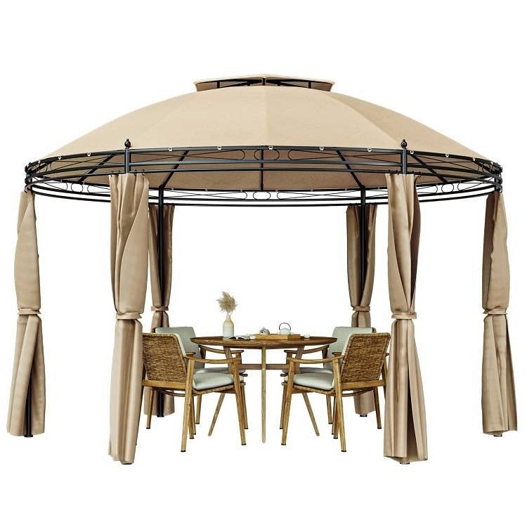 Circular Dome Hexagon Gazebo Canopy with Polyester Privacy Curtain in Brown - Free Shipping