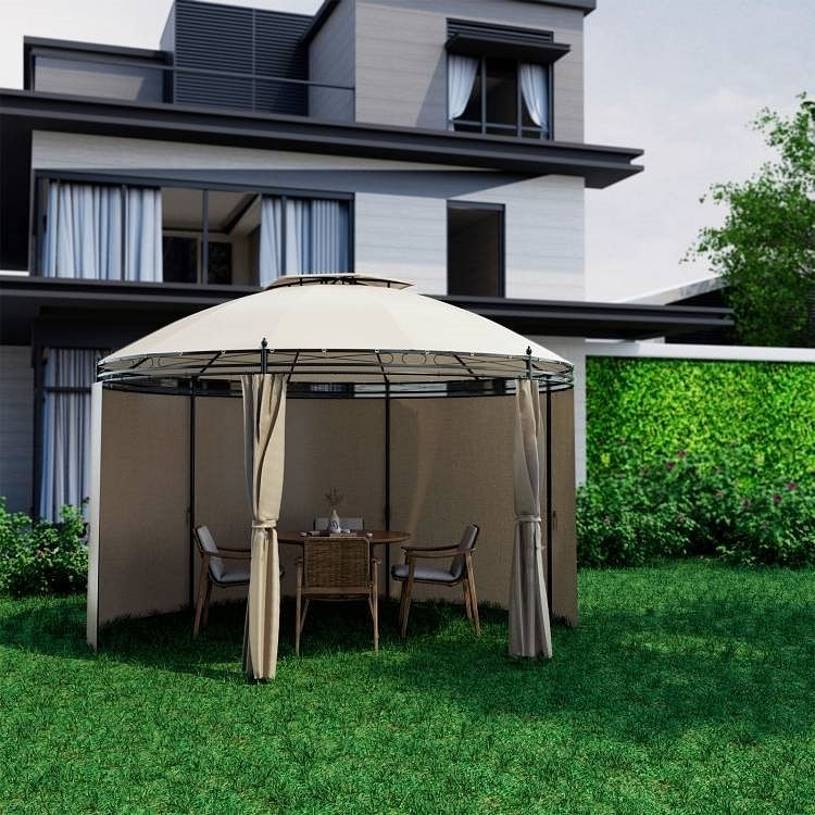 Circular Dome Hexagon Gazebo Canopy with Polyester Privacy Curtain in Brown - Free Shipping