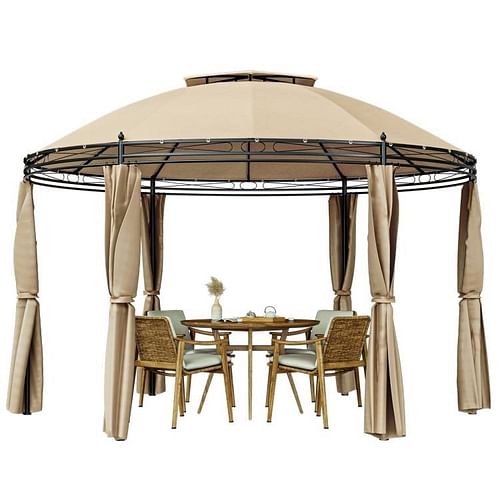 Circular Dome Hexagon Gazebo Canopy with Polyester Privacy Curtain in Brown - Free Shipping