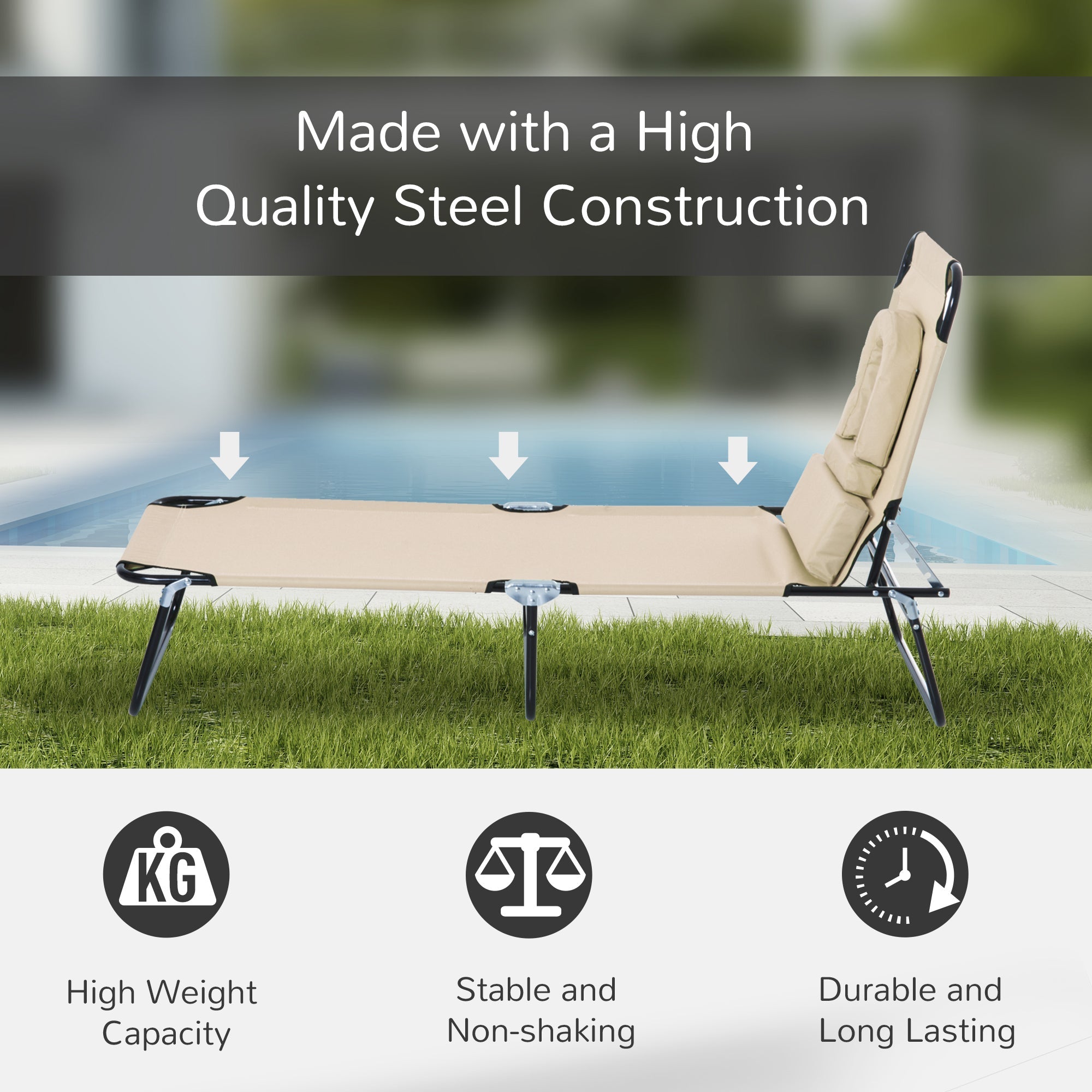 Outsunny Outdoor Lounge Chair Garden Folding Chaise with Adjustable Backrest Reading Hole Support Pillow Beige