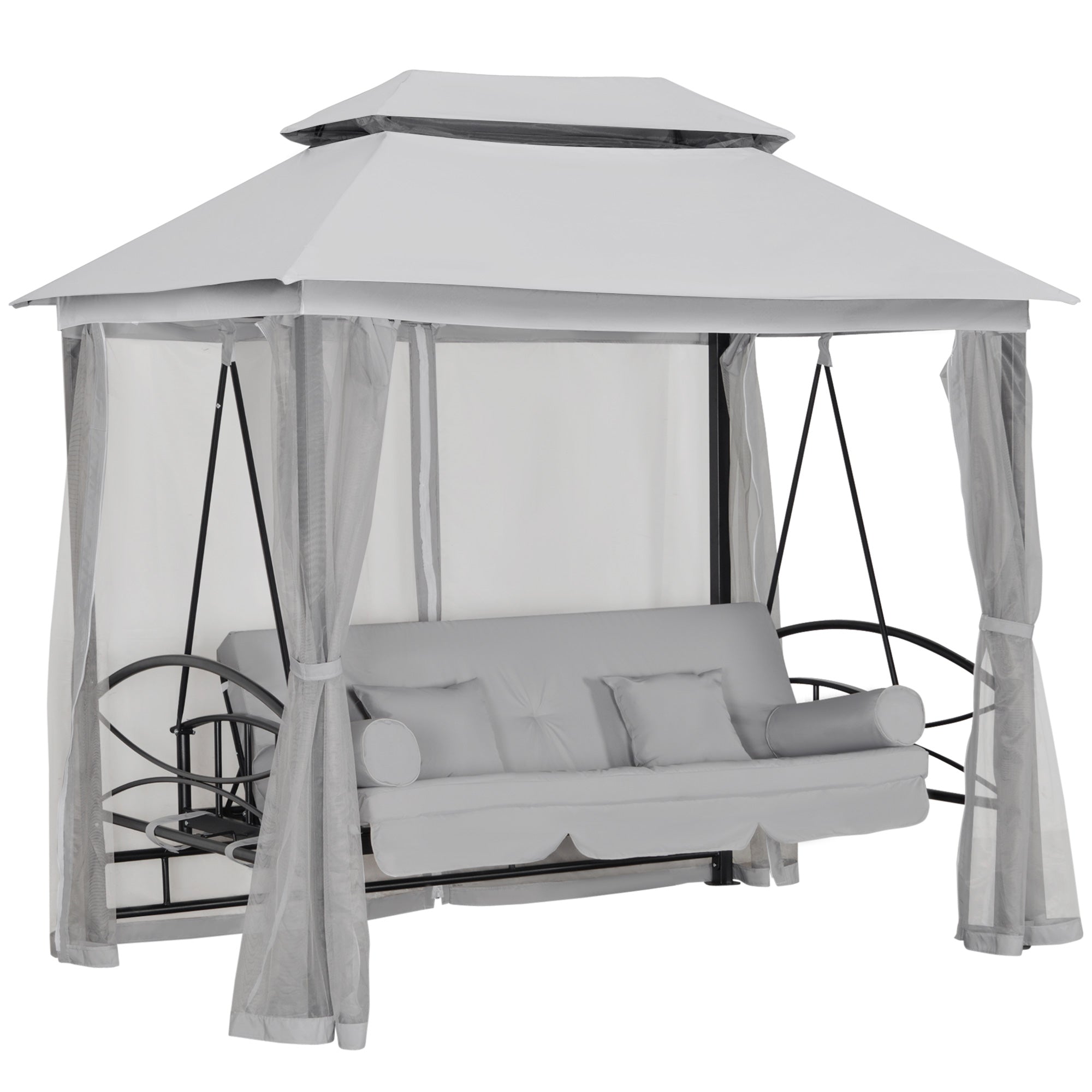 Outsunny 3 Person Outdoor Patio Daybed, 3 in 1 Canopy Gazebo Swing Chair Garden Hammock with Mesh Mosquito and Sun Shade, Grey