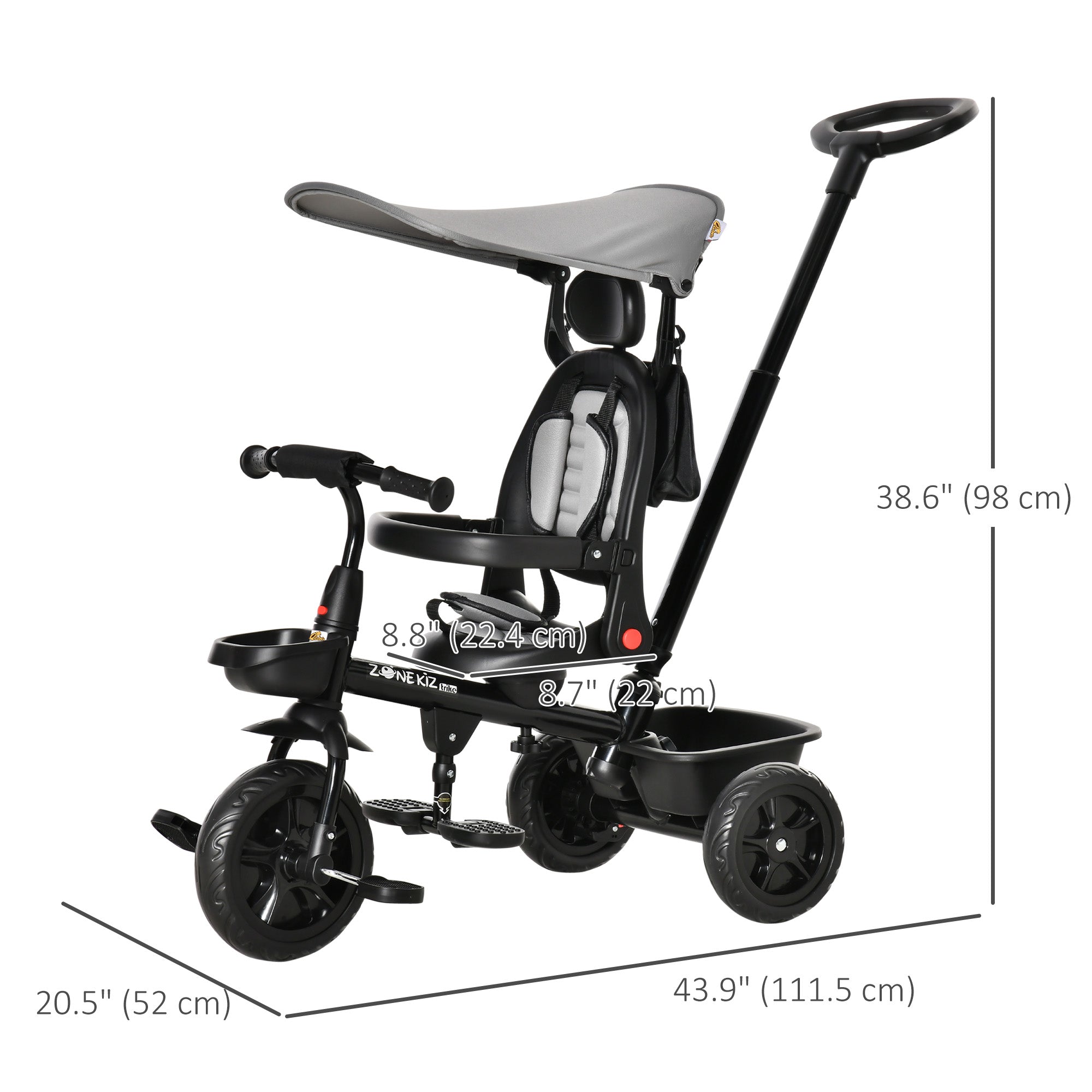 Aosom Qaba Baby Tricycle 4 In 1 Stroller Reversible Seat Adjustable Footrest Brake Clutch Grey