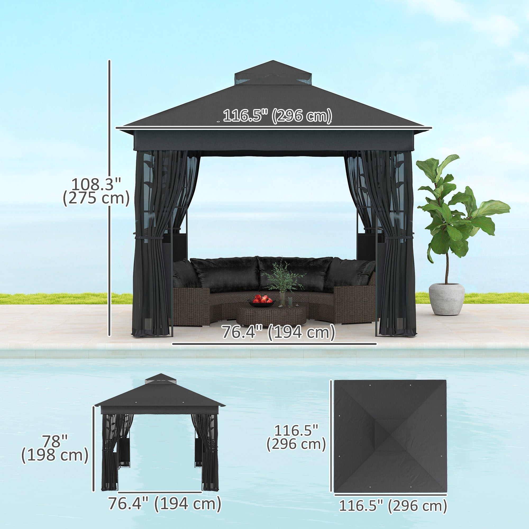 Outsunny 10' x 10' Outdoor Gazebo with Shelves and Netting, UV30+ Double Roof Patio Gazebo for Lawn, Backyard and Deck