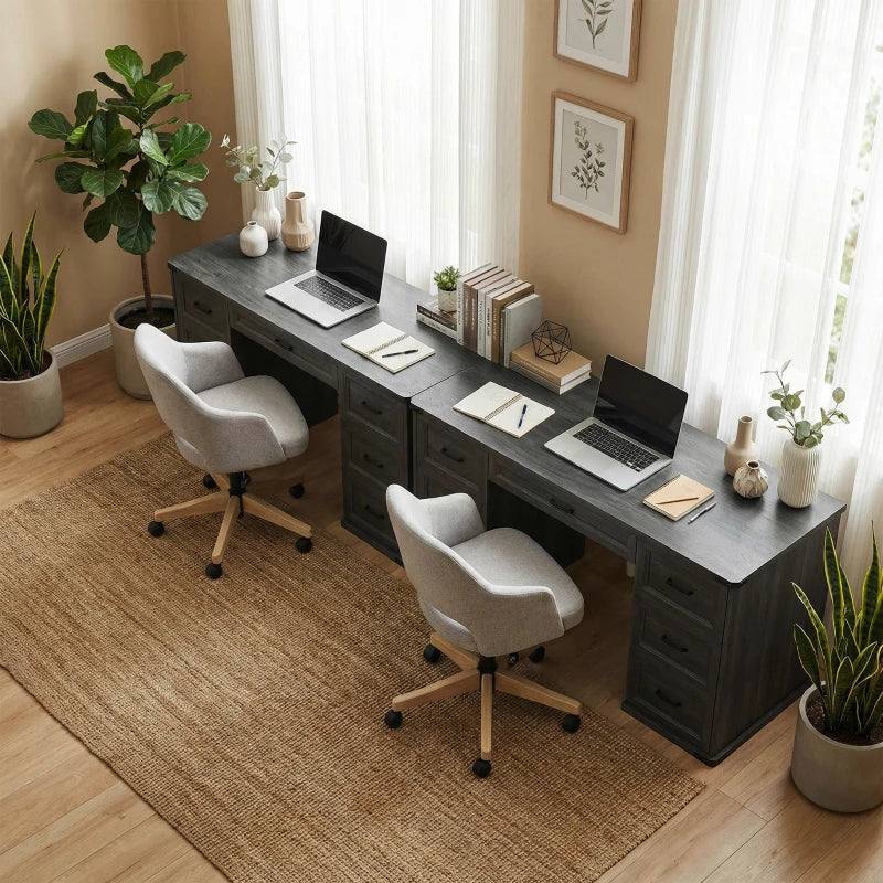 55" Computer Desk with 7 Drawers, Farmhouse Executive Desk for Home Office, Study, Bedroom, Black Wood Grain