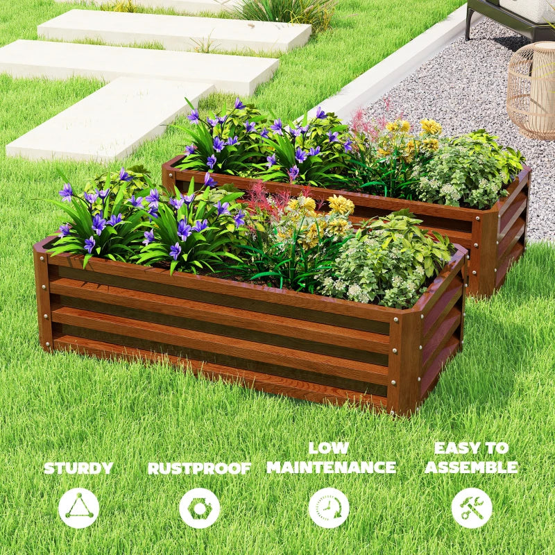 Galvanized Raised Garden Beds, Outdoor Planter Box, Set of 2, for Flowers, Herbs and Vegetables, Brown Wood Effect