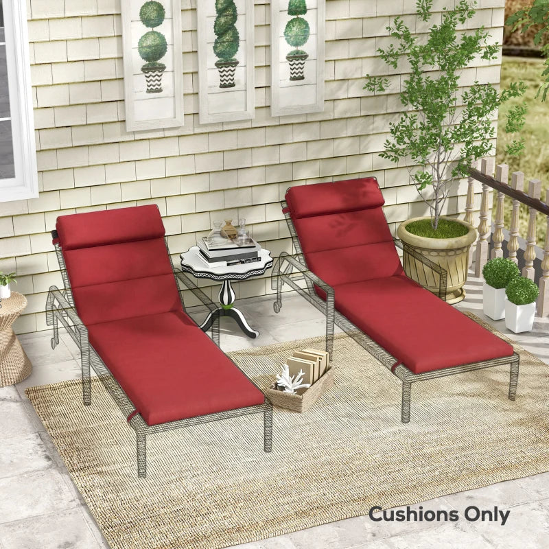 Patio Chaise Lounge Chair Cushions Replacement Sun Lounger Pads with Headrest and Ties, Set of 2, Wine Red