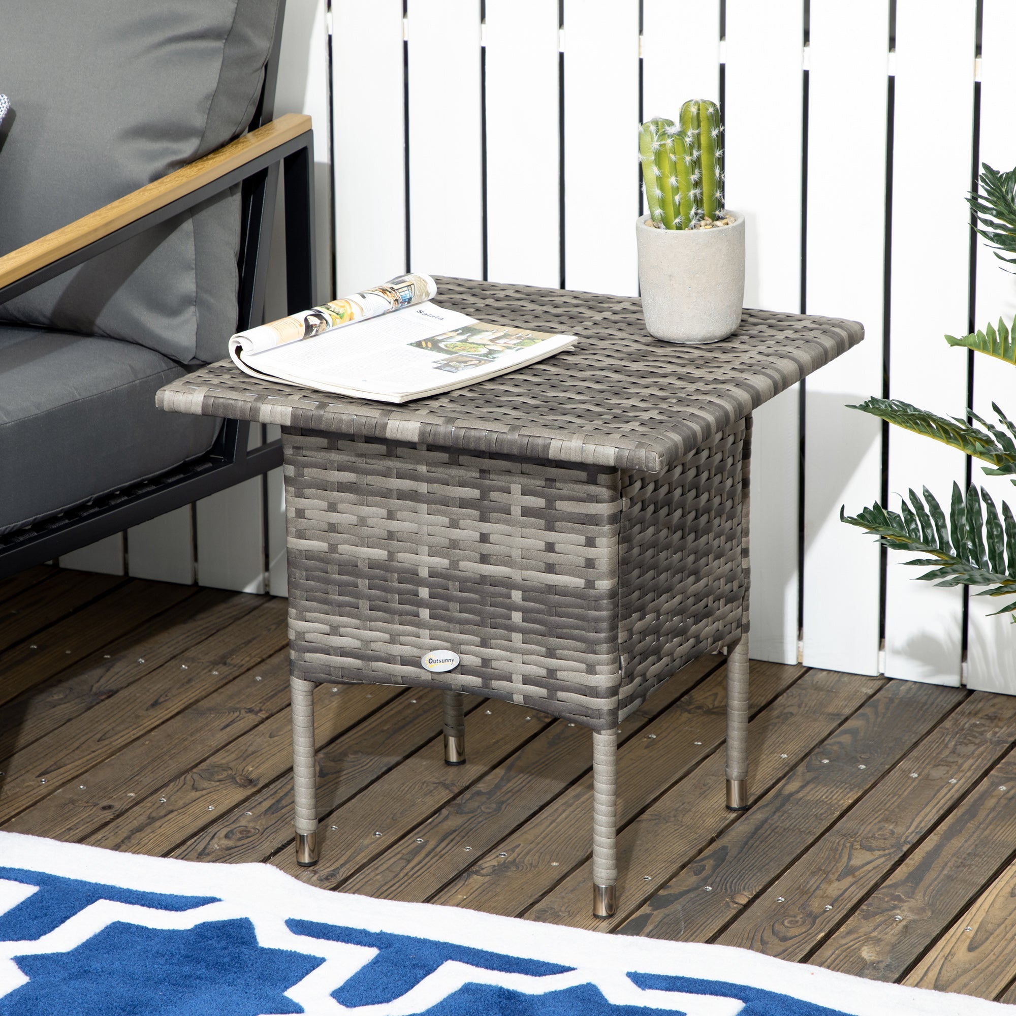 Outsunny Mixed Gray Rattan End Table Outdoor Coffee Table with Plastic Board Top for Balcony Patio Furniture