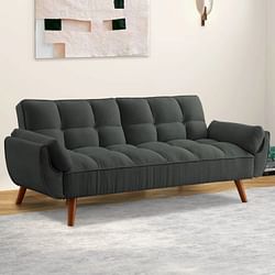 Mid-Century Modern Sofa Bed in Dark Grey Linen Polyester Tufted Upholstery - Free Shipping