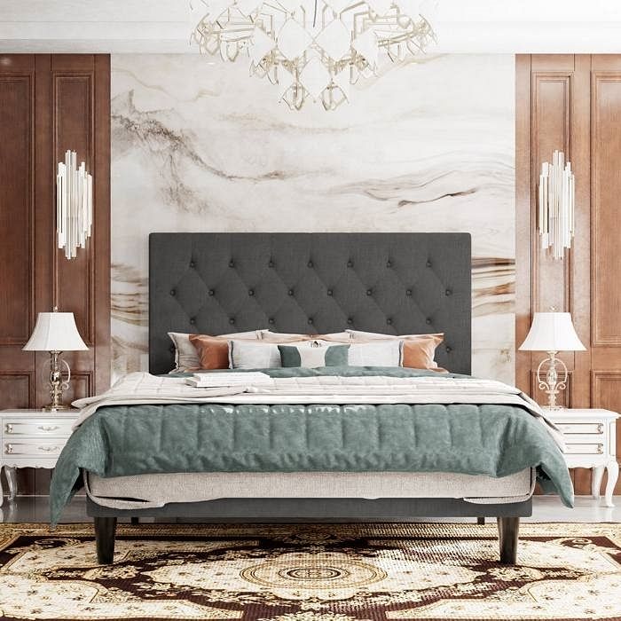 King Size Adjustable Height Grey Linen Tufted Low Profile Platform Bed - Free Shipping
