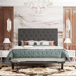 Queen Size Adjustable Height Grey Linen Upholstered Platform Bed with Headboard - Free Shipping