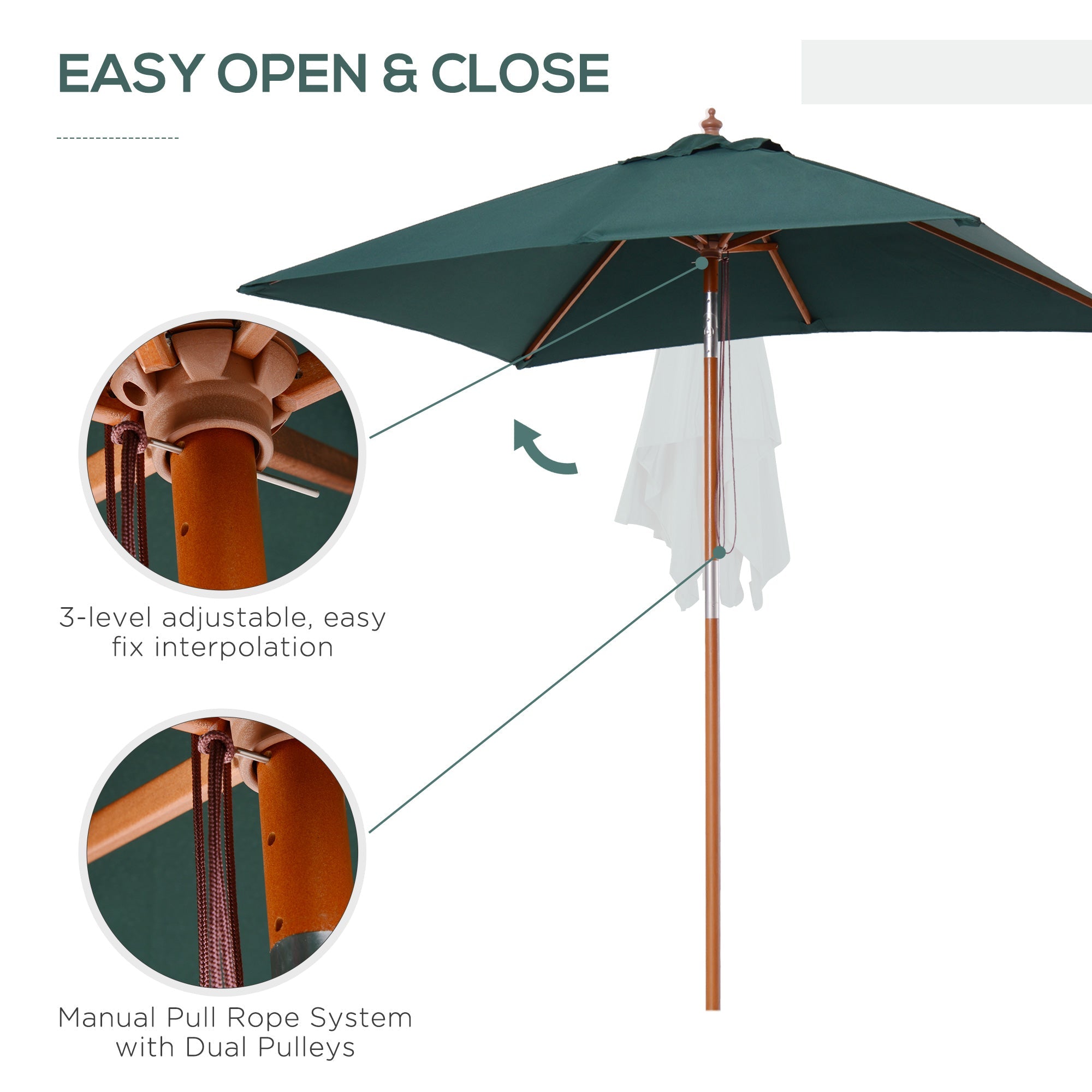 Outsunny Square Wooden Patio Umbrella: 6.6x5ft Tilt Mechanism with 6 Bamboo Ribs Sunshade, Green