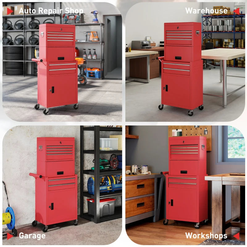 Large Tool Cabinet, 3-in-1 Rolling Tool Chest, Detachable Tool Storage Organizer with 6 Drawers and Pegboard, Red