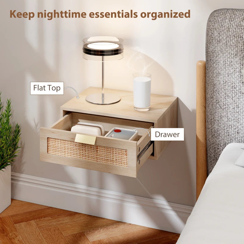 Floating Bedside Tables Set of 2, Wall Mounted Nightstands with Rattan Drawer and Wood Effect, Oak