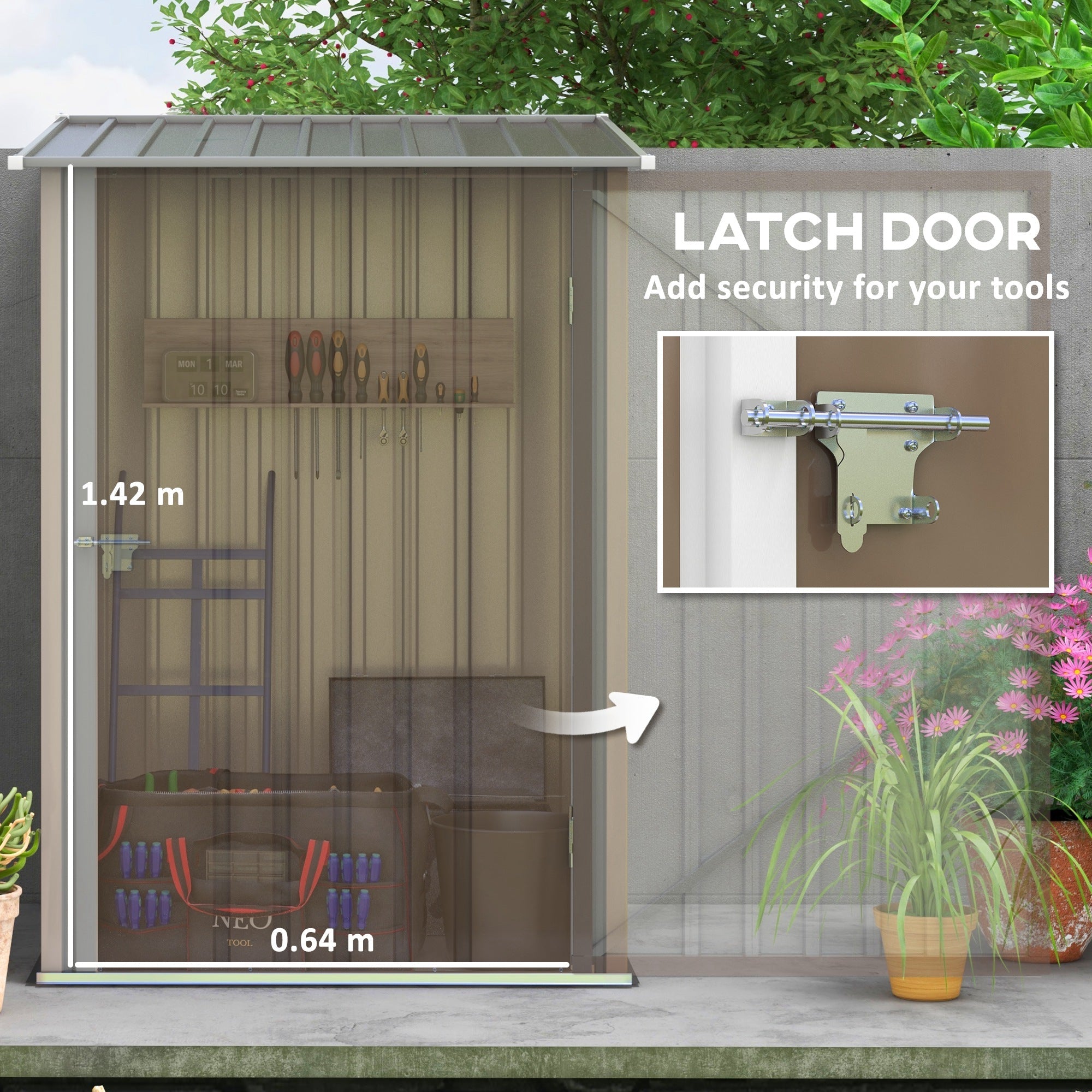 Outsunny 3.3' x 3.4' Lean-to Outdoor Garden Storage Shed, Galvanized Steel with Lockable Door for Patio Brown and White