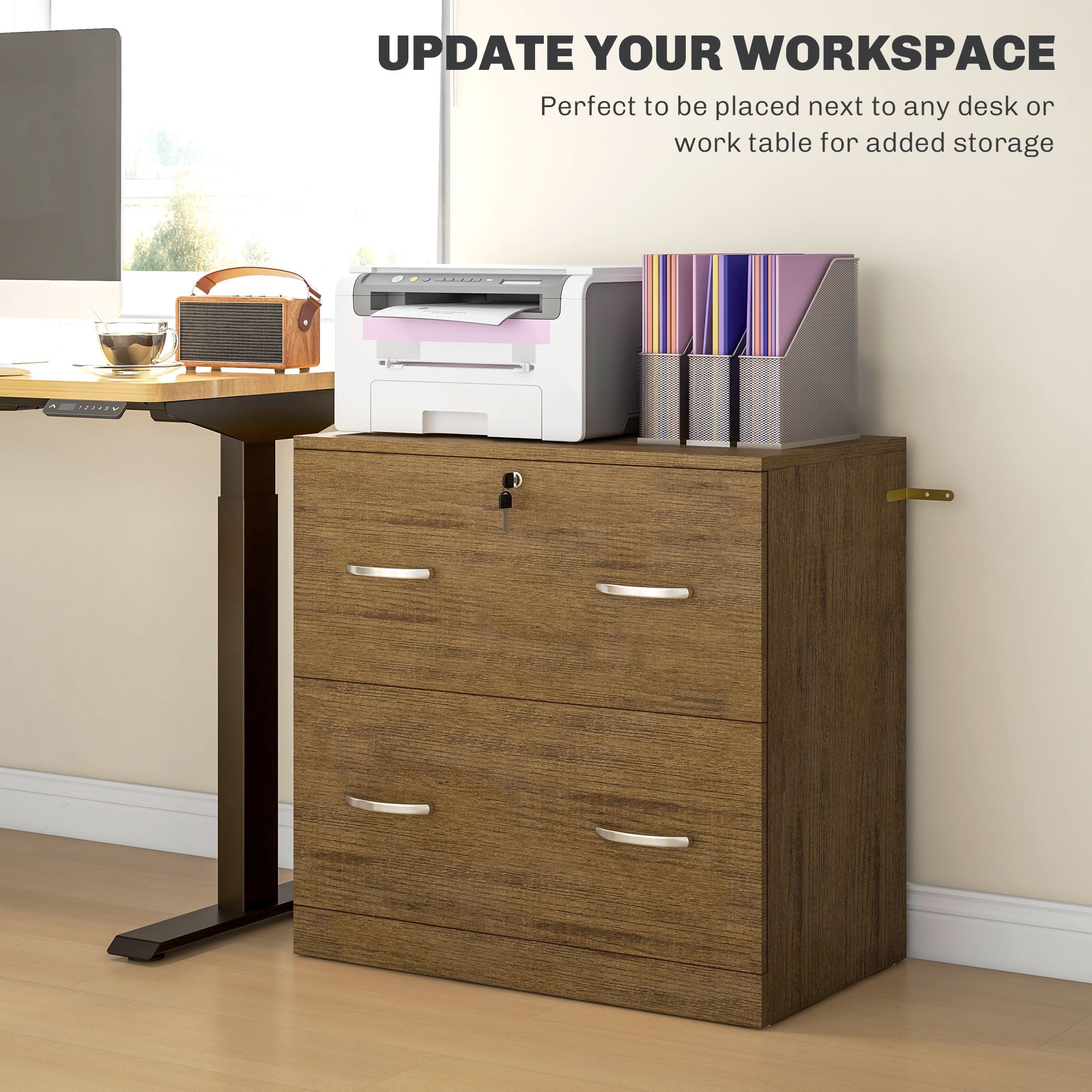 Vinsetto 2 Drawer File Cabinet with Lock, Office Filing Cabinet, Hanging Bar for Letter Size, Home Office, Light Brown