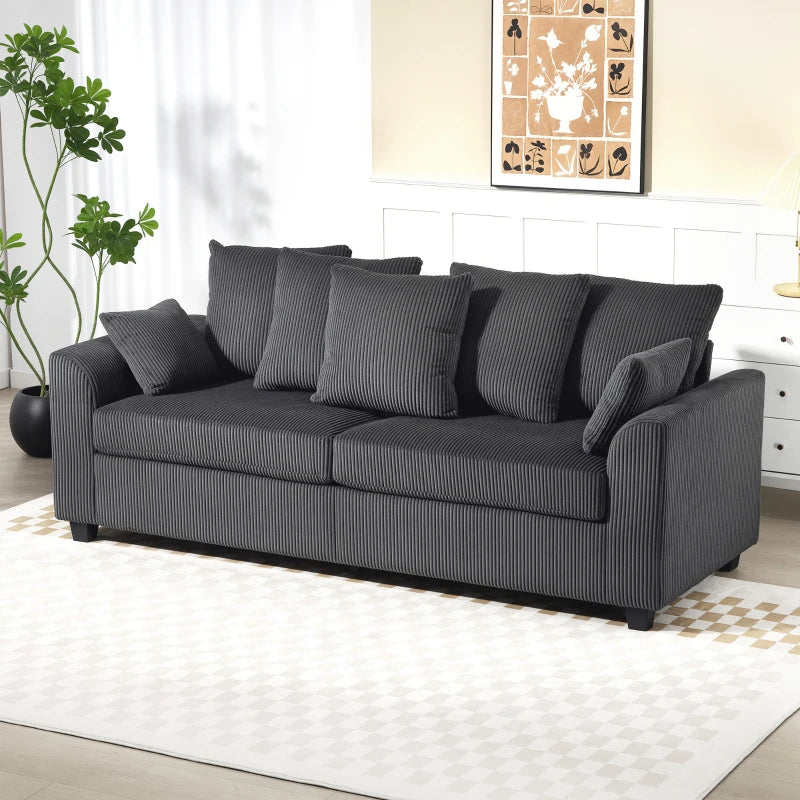 Corduroy Couch with 6 Back Cushions, 2 Pillows and Curved Armrests, Modern 3 Seater Sofa, Dark Grey