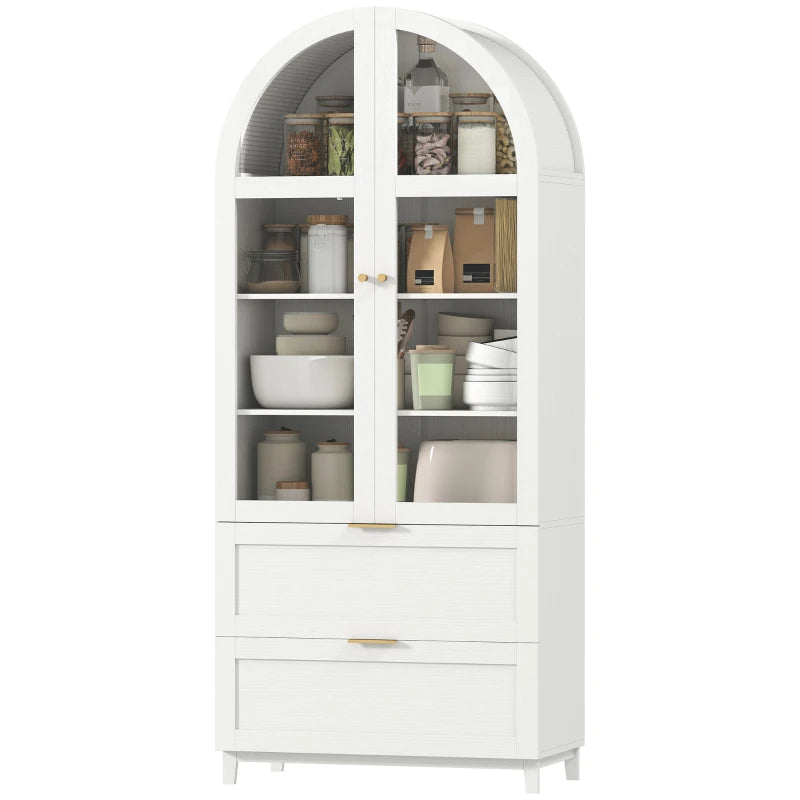🏡 Arched Glass Door Pantry Cabinet – Modern Farmhouse Storage (White)