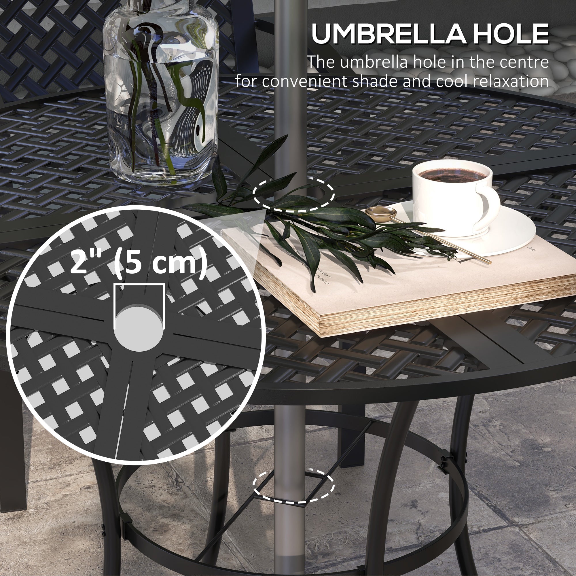 Outsunny 5-Piece Outdoor Dining Set with 4 Stackable Cushioned Armchairs,Umbrella Hole Metal Plate Table, for Deck Grey