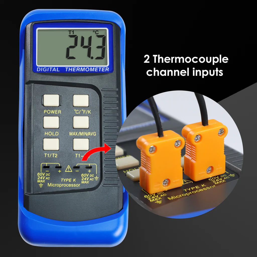 Digital 2-Channel K-Type Thermometer with 4 Thermocouples (-50°C to 1300°C / -58°F to 2372°F)