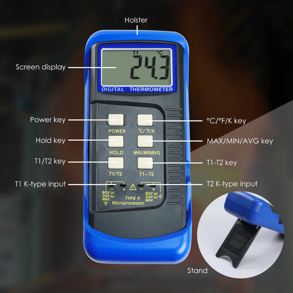 Digital 2-Channel K-Type Thermometer with 4 Thermocouples (-50°C to 1300°C / -58°F to 2372°F)