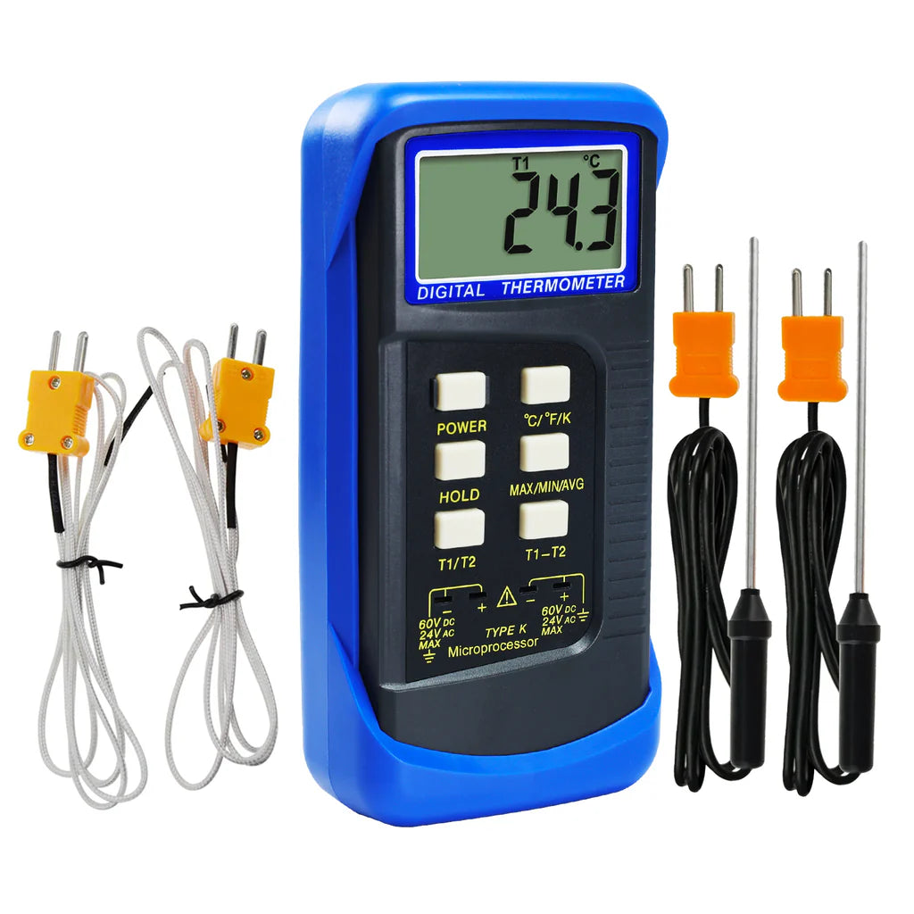 Digital 2-Channel K-Type Thermometer with 4 Thermocouples (-50°C to 1300°C / -58°F to 2372°F)