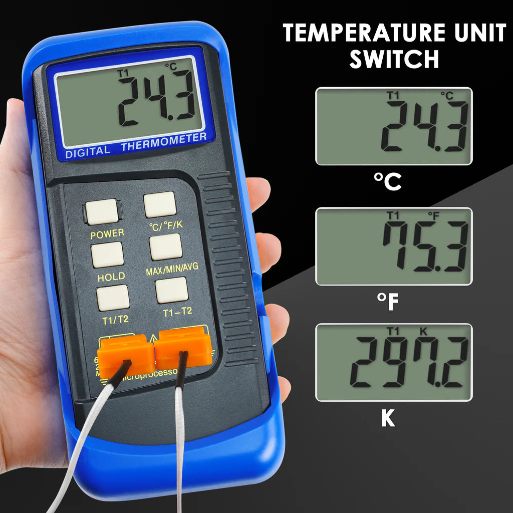 Digital 2-Channel K-Type Thermometer with 4 Thermocouples (-50°C to 1300°C / -58°F to 2372°F)