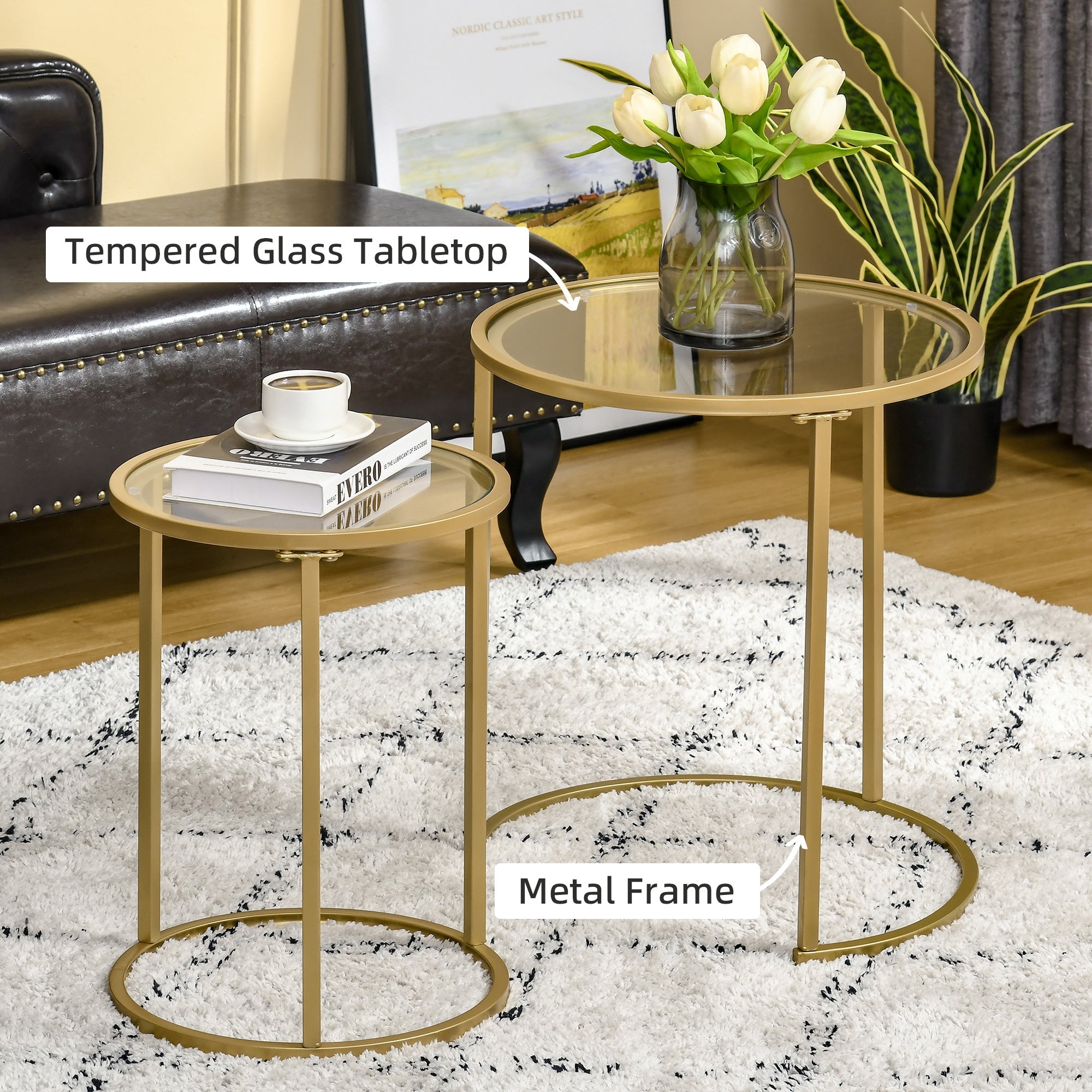 HOMCOM Glamorous Nesting Tables: Set of 2 Round Side Coffee Tables with Tempered Glass Top, Elegant Gold Metal Base