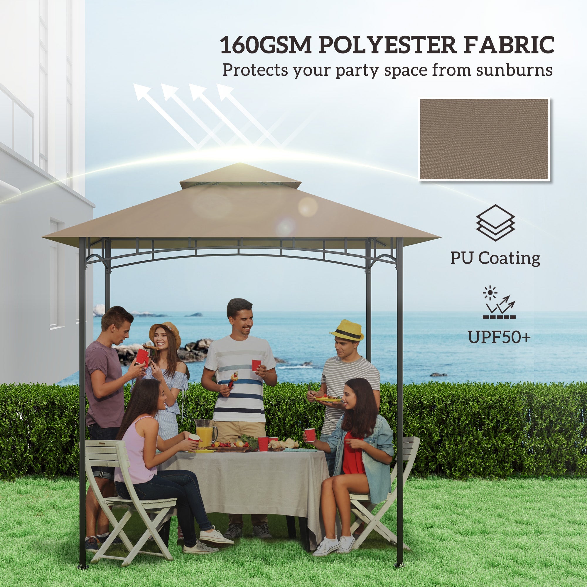 Outsunny BBQ Gazebo Canopy Replacement Roof, 5' x 8' Grill Gazebo Roof with UPF50+ Double Tiered Top Cover, Khaki